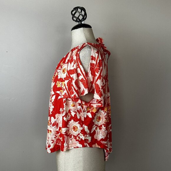 Free People Baja‎ Babe Red Floral Print Tie Back Cold Shoulder Tee Top Jersey XS - Picture 9 of 16